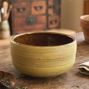 Studio Pottery Hand Thrown Ceramic Bowl Chartreuse Yellow Brown Glaze Signed